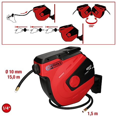 Rote und schwarze Schlauchtrommel, Details mit Text und Maßen.